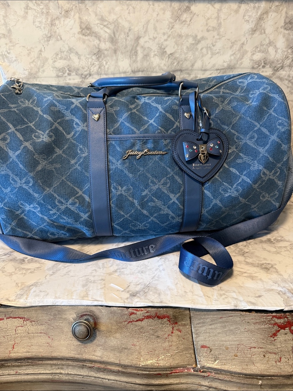 Juicy Couture denim Lovely Bow Weekender Duffle Travel Bag With Adjustable Strap